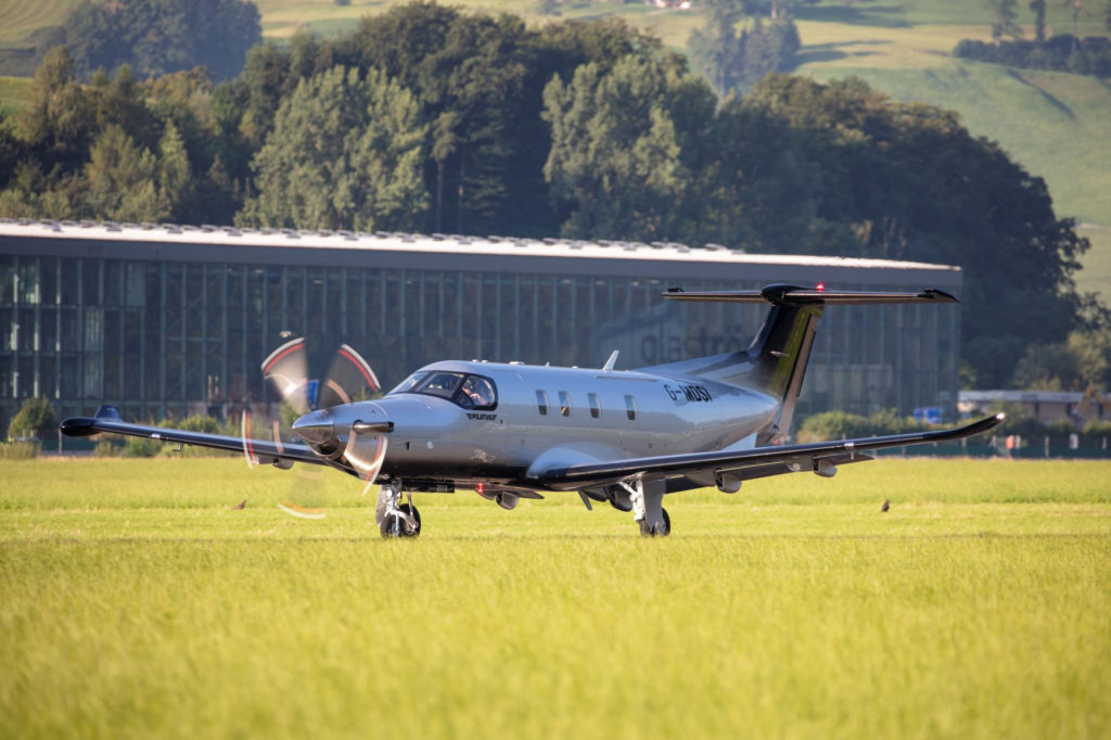 PC-12 NGX departing Stans, Switzerland, newly registered G-MDSI