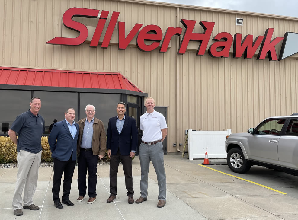 Pictured (left to right): Gene Luce, Director of Maintenance & Avionics, Kyle Schultz, VP of Operations, Jeff Ross, Chairman, Brian Corbett, Chief Executive Officer, and Mike Gerdes, President of Silverhawk Aviation