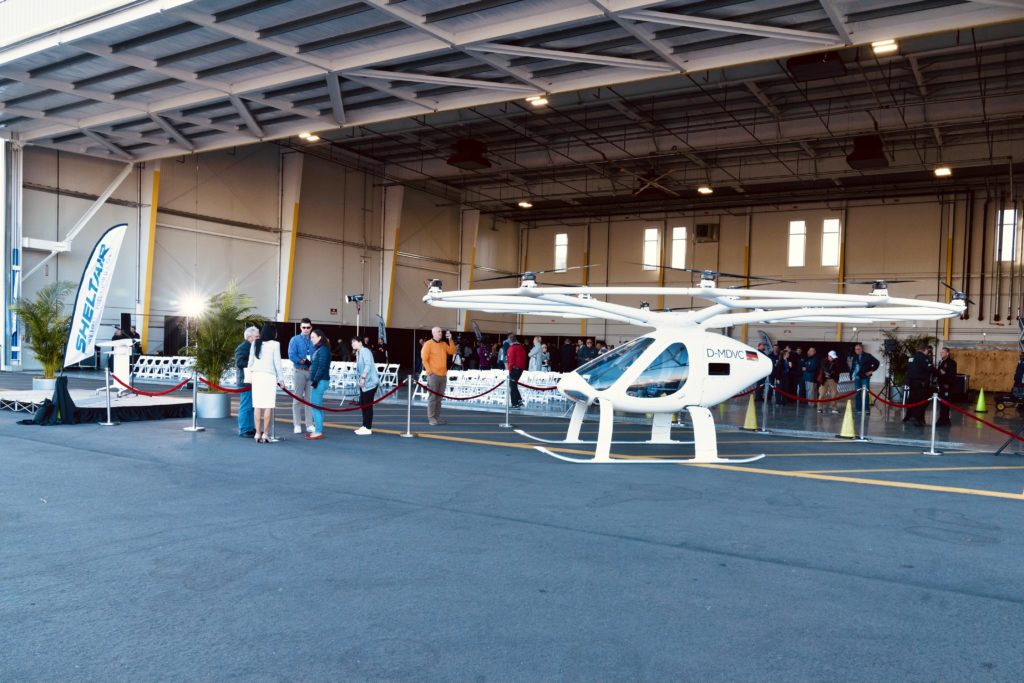 Volocopter eVTOL aircraft in front of Sheltair TPA hangar at Tampa International Airport