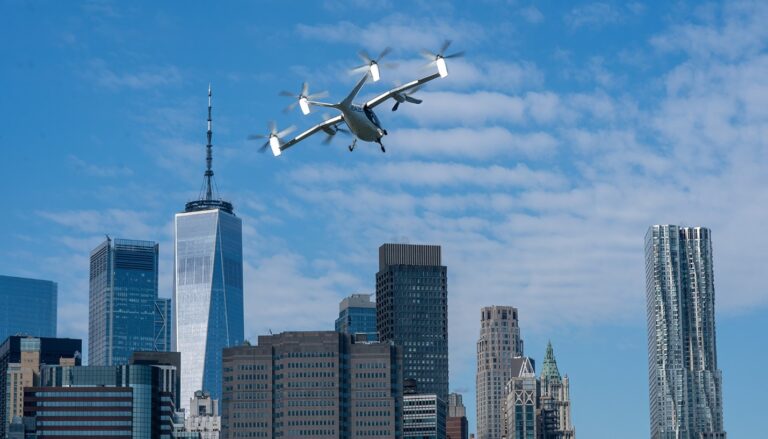 Joby’s all-electric aircraft in flight above New York City. Joby Aviation Photo
