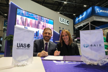 Left-Right: Omar Hosary UAS Co-Founder and CEO, and Nancy BSales, COO, 4Air at EBACE 2024