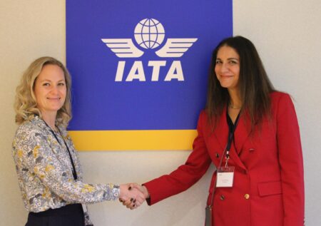 L to R - Kate Harbosin, Business Development, Business Transformation & Aftermarket Services, Pratt & Whitney Canada, & Puja Mahajan, CEO Azzera, confirm the deal with a handshake