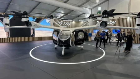 Joby's four-passenger eVTOL aircraft on display at the Farnborough Airshow, July 2024