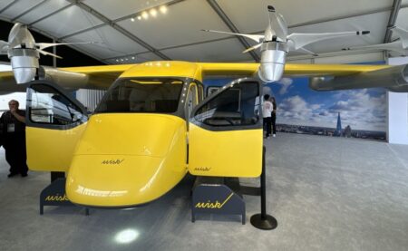 The model of Wisk's Gen 6 prototype eVTOL on display at the Farnborough Airshow 2024