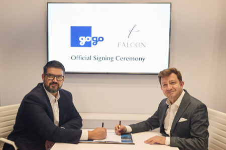 L to R Aziz Turan, Executive Director Alex Jet, and Dave Falberg, Senior Vice President EMEA APAC Gogo, ink the deal at EBACE 2025