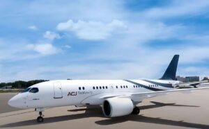 VIP airliner aircraft on airport ramp with ground support equipment