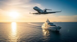 A private jet flies over a superyacht cruising on open water at sunset, with a coastline in the distance