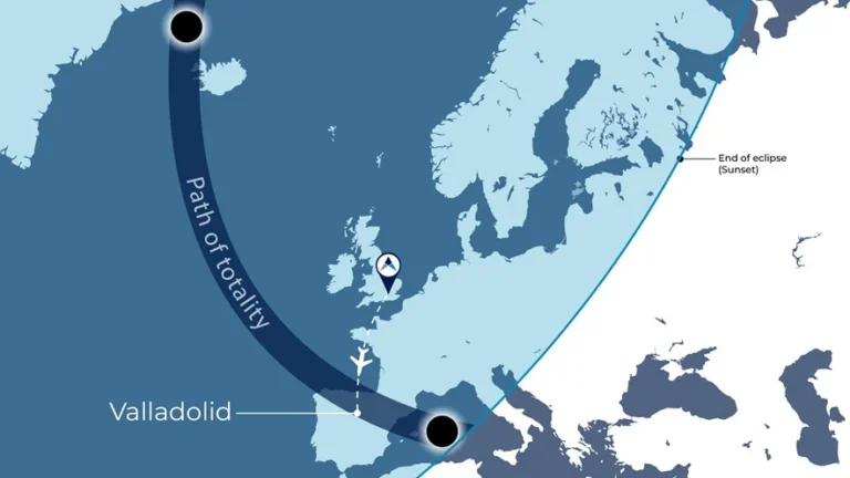 Air Charter Service flies eclipse watchers to Spain for path of totality Air Charter Service chartered an Embraer 190 carrying nearly 100 passengers from London Stansted to Valladolid, Spain, for the August 12 total solar eclipse