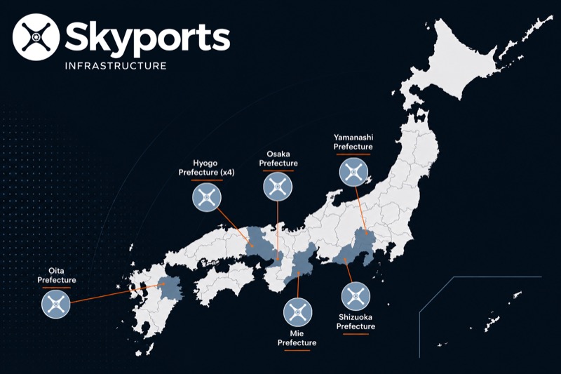 Map of Japan showing Skyports Infrastructure's vertiport project locations across six prefectures, with Hyogo Prefecture marked as four projects